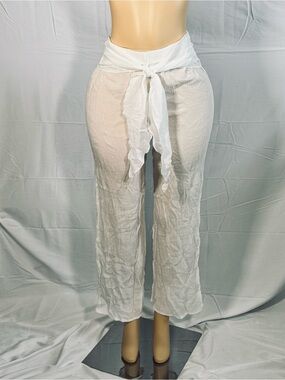 Boho White Sheer Tie-Front Beach Pants | Lightweight Flowy Swim Cover-Up | L